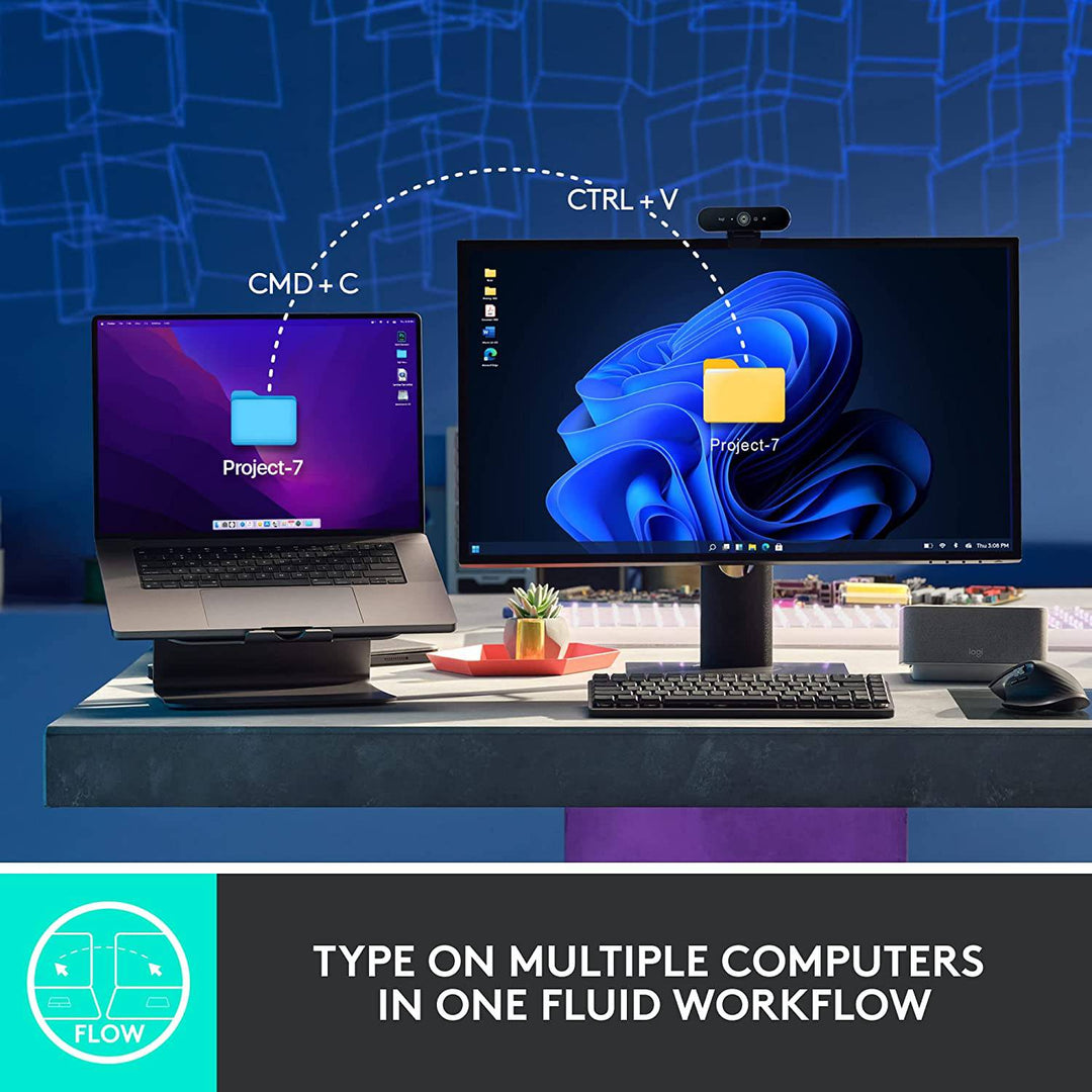 Teclado Logitech MX Mechanical de oficina con retroiluminación inteligente y diseño ecológico, en color negro y teclas mecánicas.