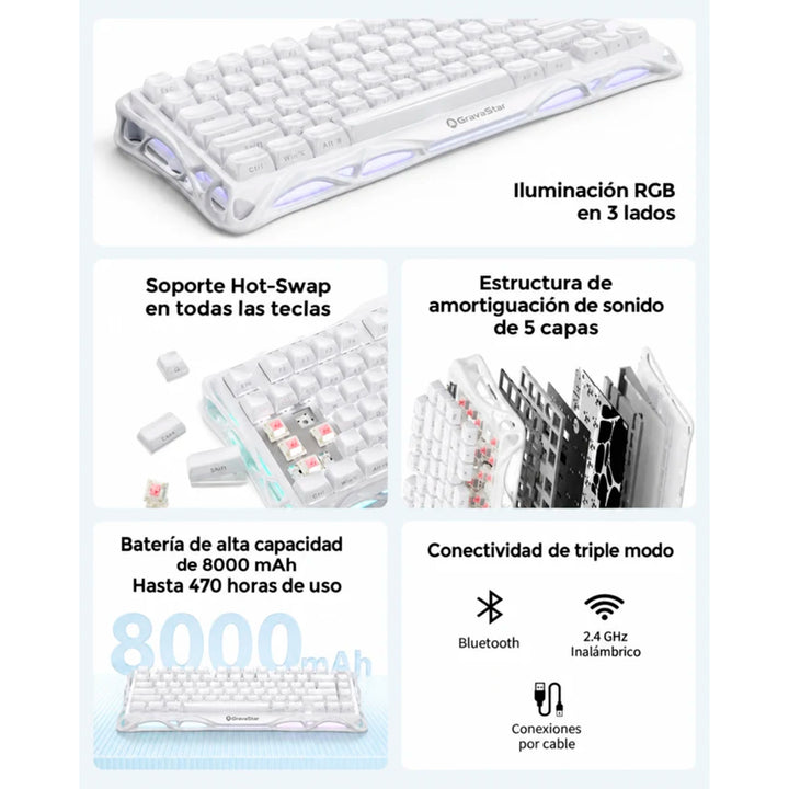 Teclado mecánico gamer GravaStar MERCURY K1 Inalámbrico Ingles OPALINE WHITE EDICIÓN ESPECIAL