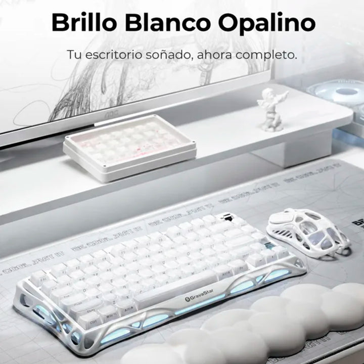 Teclado mecánico gamer GravaStar MERCURY K1 Inalámbrico Ingles OPALINE WHITE EDICIÓN ESPECIAL