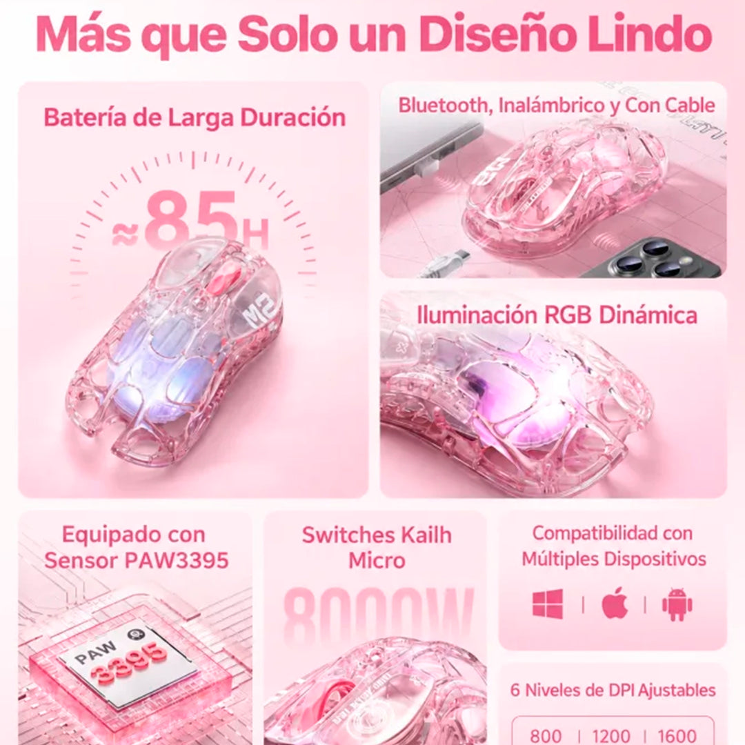 Mouse gamer inalámbrico GravaStar Mercury M2 Crystal Rose en color rosa cristal vespertino