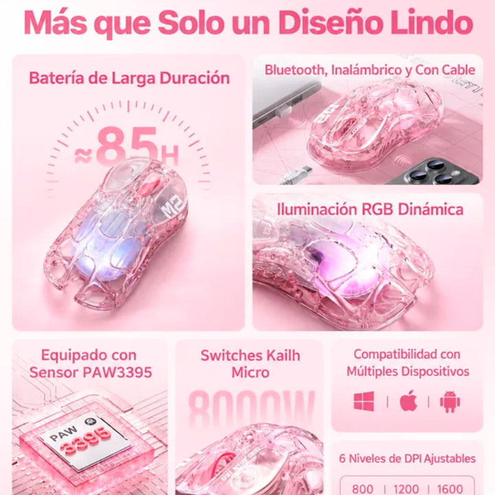 Mouse gamer inalámbrico GravaStar Mercury M2 Crystal Rose en color rosa cristal vespertino