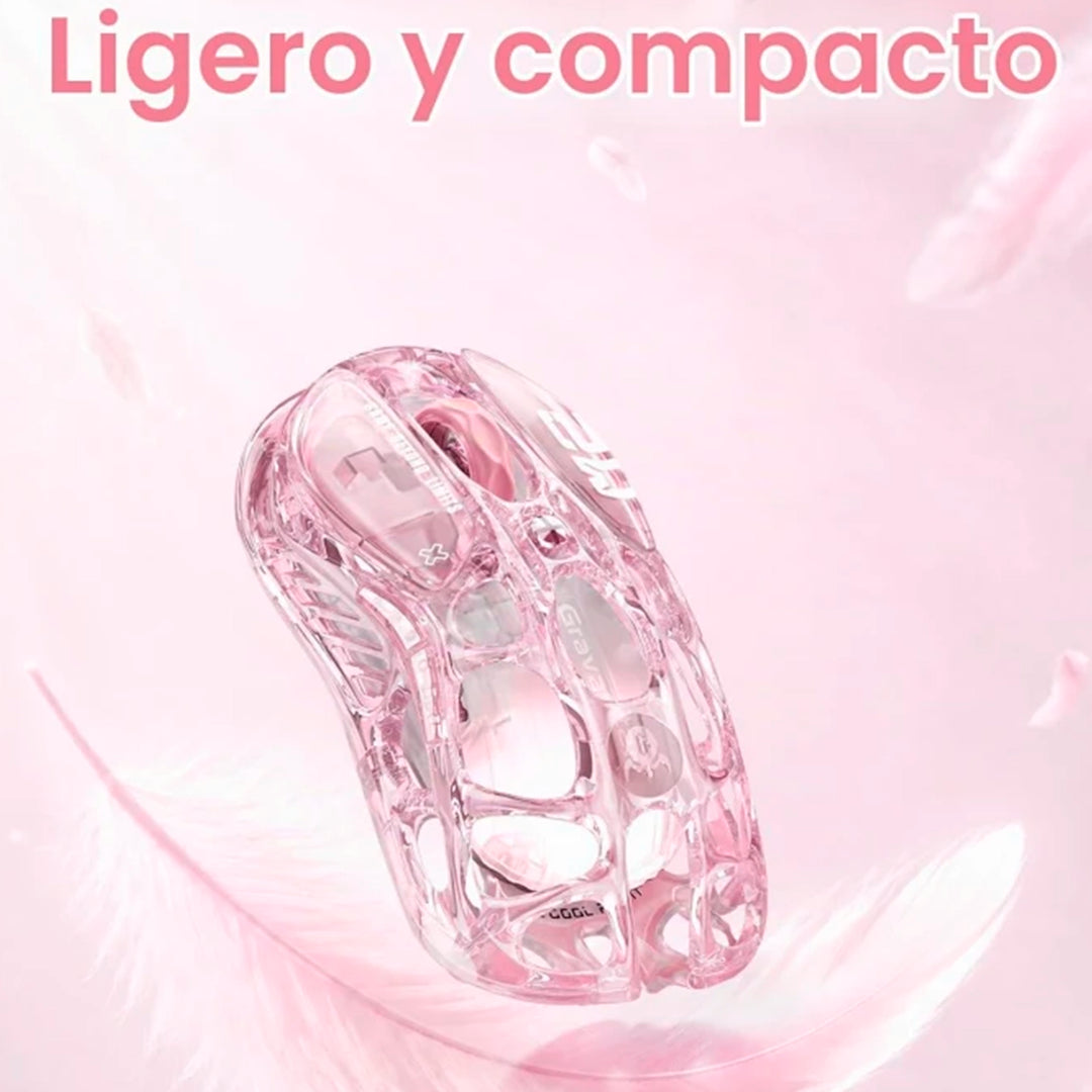Mouse gamer inalámbrico GravaStar Mercury M2 Crystal Rose en diseño rosa translúcido