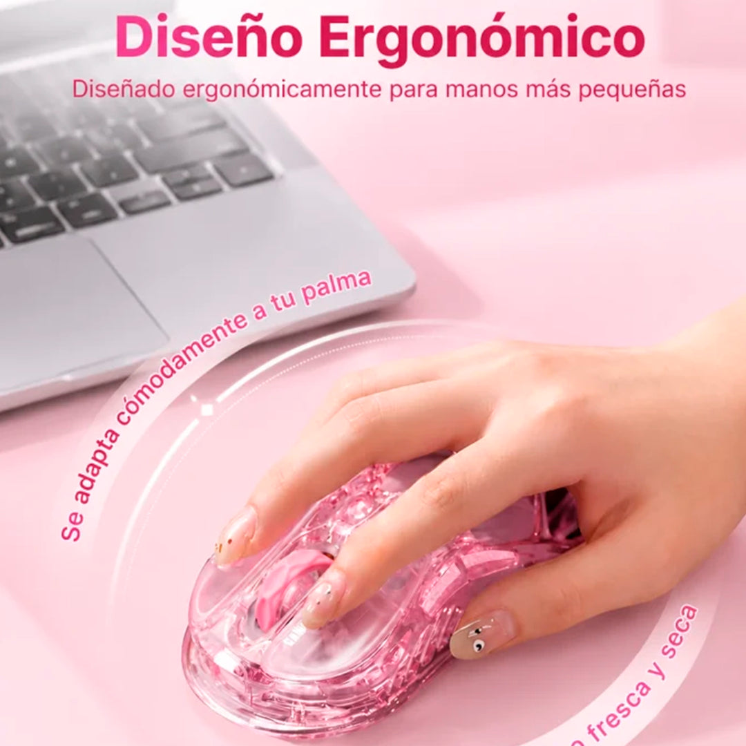 Mouse gamer inalámbrico GravaStar Mercury M2 Crystal Rose en color rosa translúcido