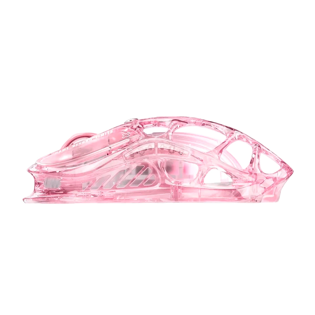 Mouse gamer inalámbrico GravaStar Mercury M2 Crystal Rose, diseño rosa translúcido y ergonómico