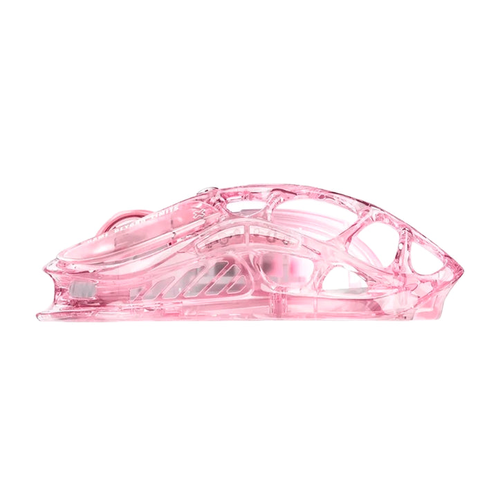 Mouse gamer inalámbrico GravaStar Mercury M2 Crystal Rose, diseño rosa translúcido y ergonómico