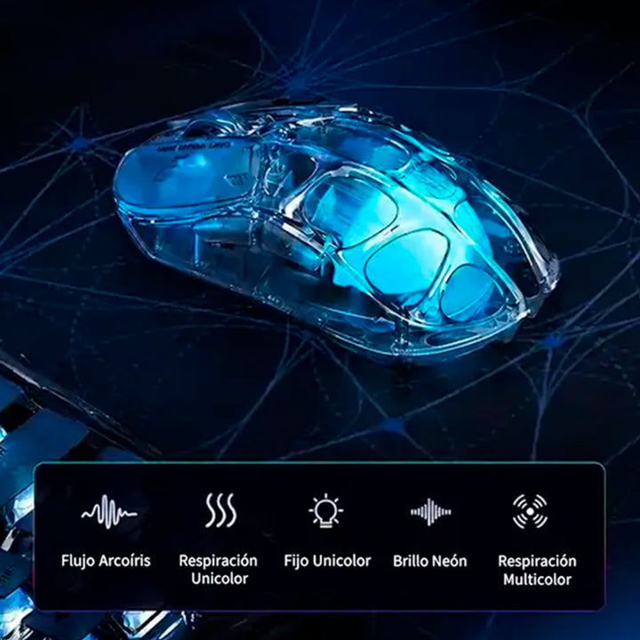 Mouse gamer inalámbrico GravaStar Mercury X AIR Onyx, diseño futurista en negro y cristal visible