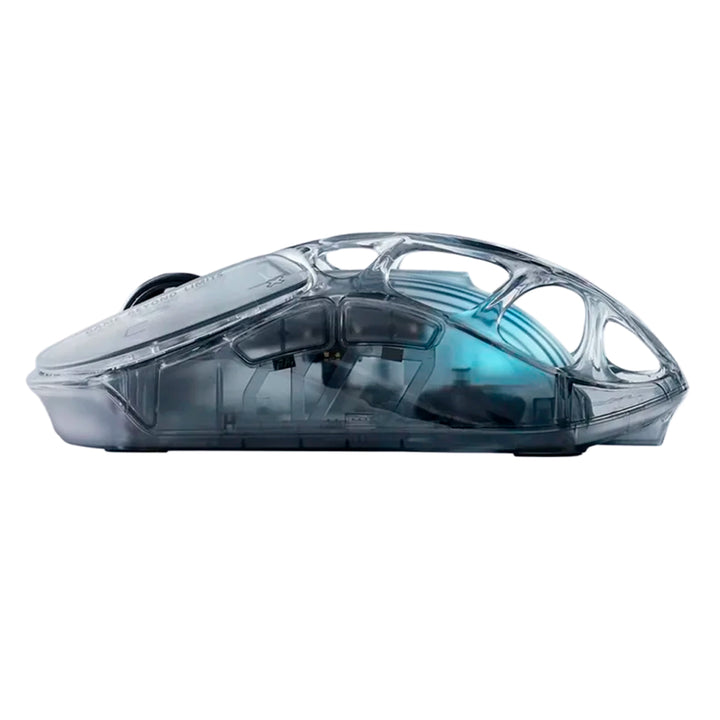 Mouse gamer inalámbrico GravaStar Mercury X AIR Onyx, diseño futurista negro con carcasa de cristal.