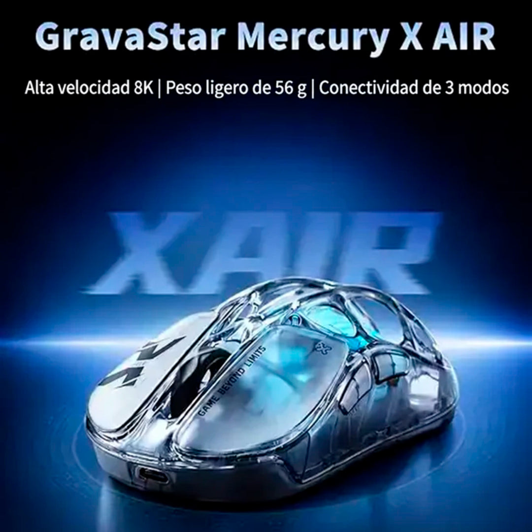 Mouse gamer inalámbrico GravaStar Mercury X AIR Onyx en negro, vista lateral con diseño futurista y carcasa abierta