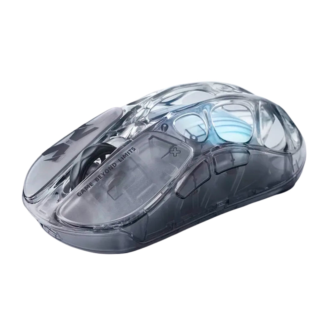 Mouse gamer inalámbrico GravaStar Mercury X AIR Onyx, diseño negro con carcasa translúcida estilo cristal