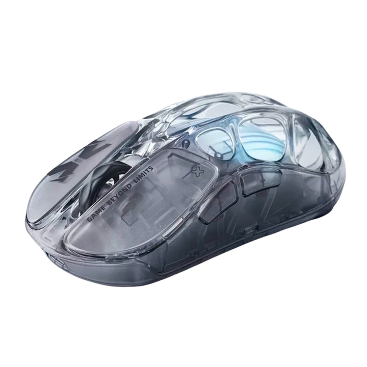 Mouse gamer inalámbrico GravaStar Mercury X AIR Onyx, diseño negro con carcasa translúcida estilo cristal