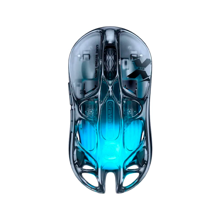 Ratón gamer inalámbrico GravaStar Mercury X AIR Onyx negro, vista frontal con diseño futurista