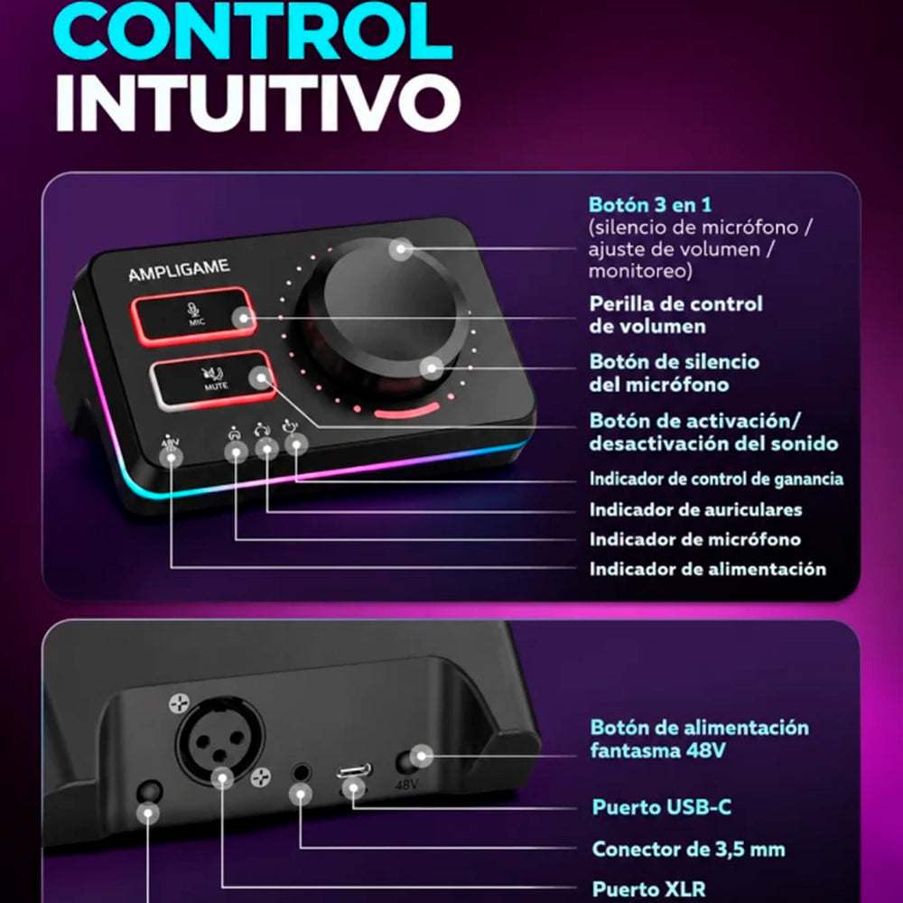 Mezcladora de audio Fifine AmpliGame SC9 con interfaz XLR e iluminación RGB
