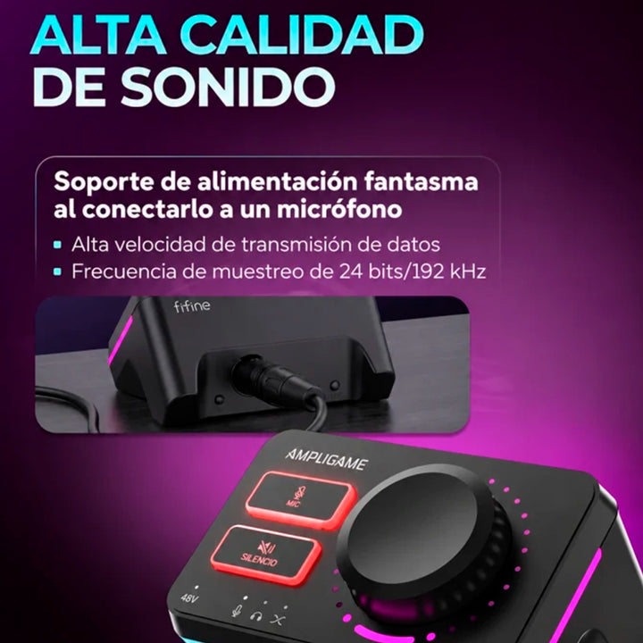 Mezcladora de audio Fifine AmpliGame SC9 con interfaz XLR y luces RGB visibles