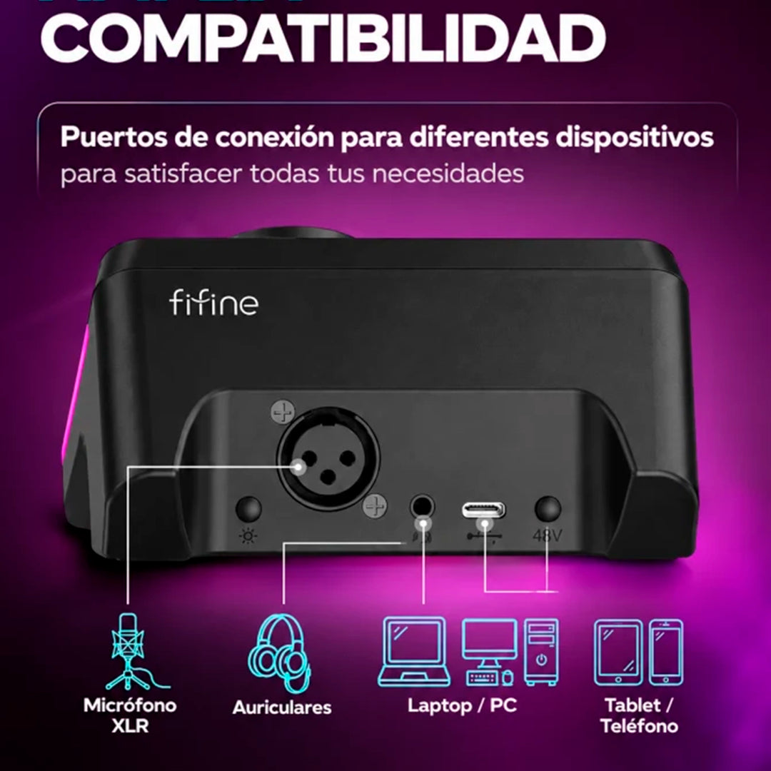 Mezcladora de audio Fifine AmpliGame SC9 con interfaz XLR y luces RGB visibles