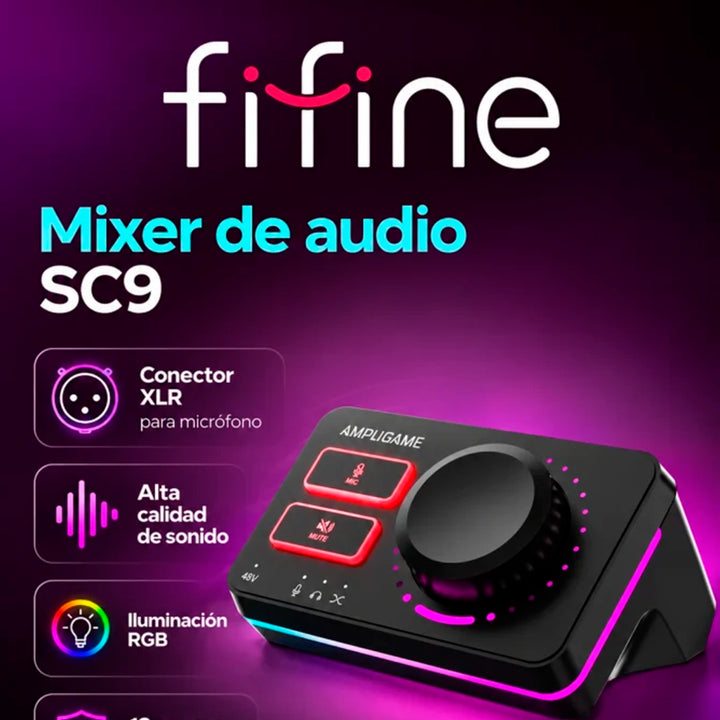 Mezcladora de audio Fifine AmpliGame SC9 con interfaz XLR y luces RGB