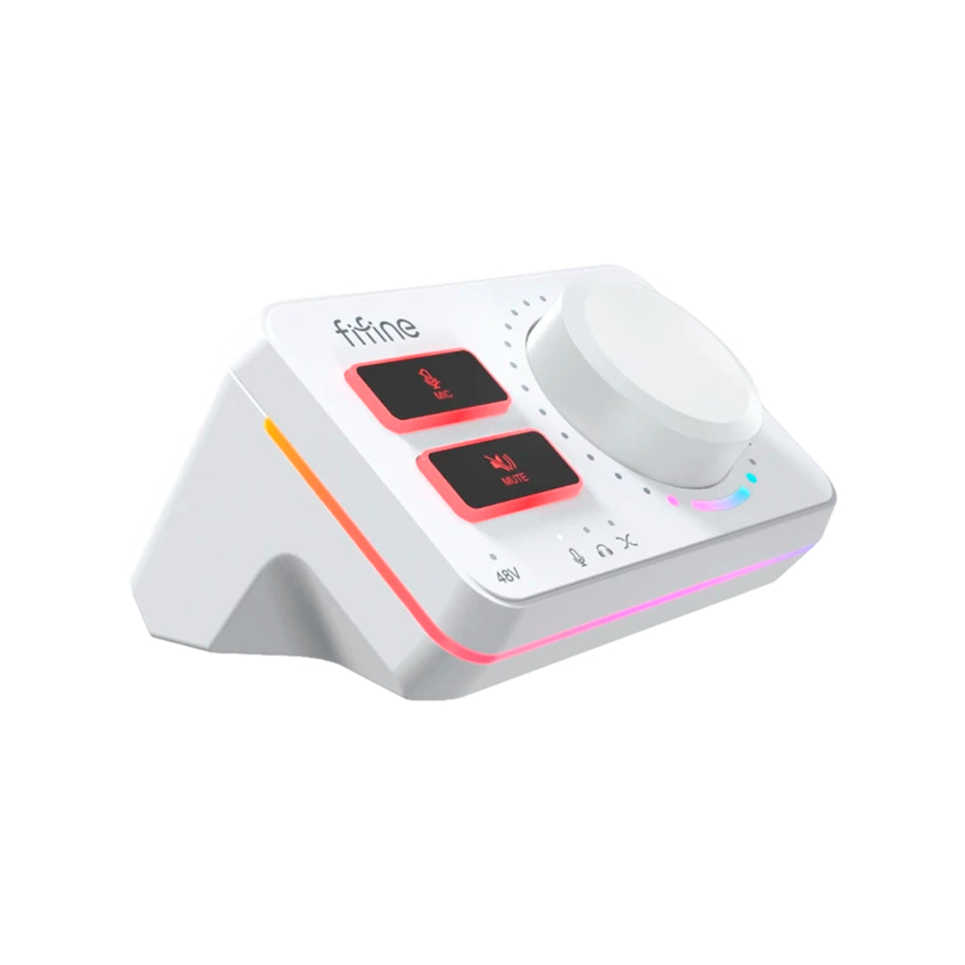 Mezcladora de audio Fifine AmpliGame SC9 con interfaz XLR y luces RGB, vista en color blanco