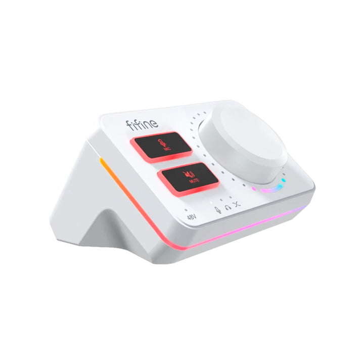 Mezcladora de audio Fifine AmpliGame SC9 con interfaz XLR y luces RGB, vista en color blanco