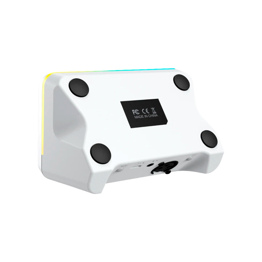 Mezcladora de audio Fifine AmpliGame SC9 con interfaz XLR y controles RGB blancos