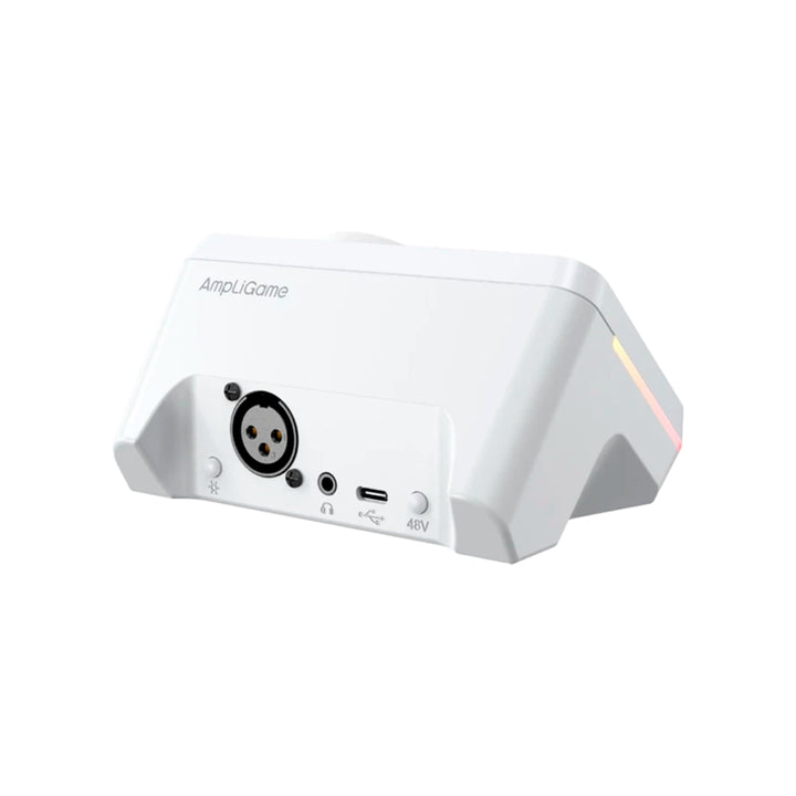 Mezcladora de audio Fifine AmpliGame SC9 con interfaz XLR y controles RGB en color blanco
