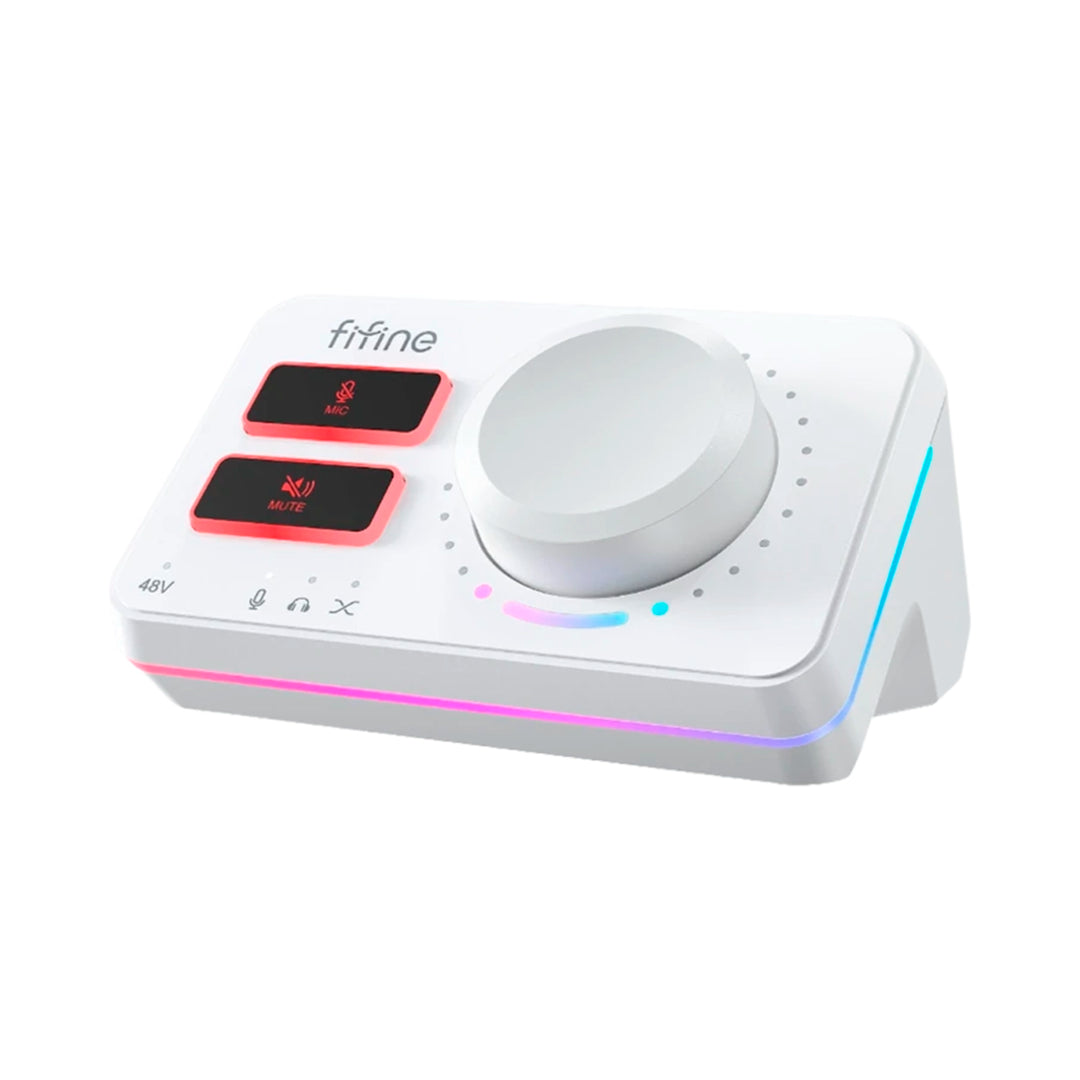 Mezcladora de audio Fifine AmpliGame SC9 blanca con interfaz XLR y luces RGB
