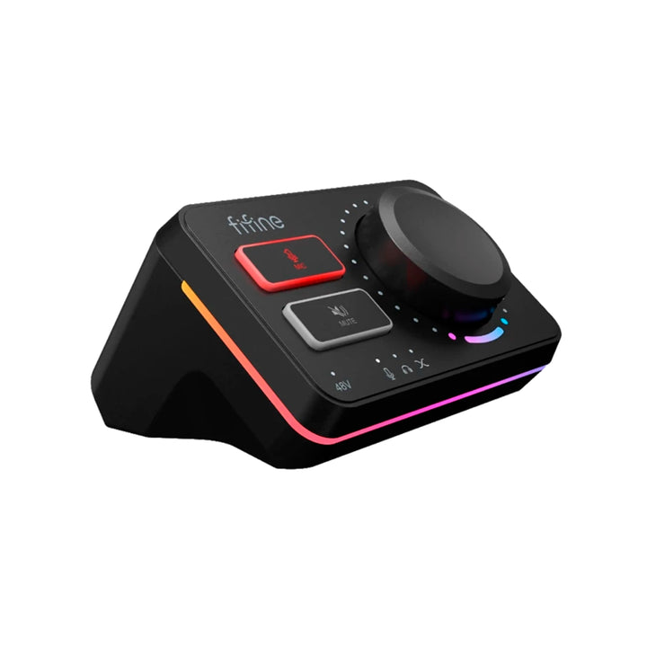 Mezcladora de audio Fifine AmpliGame SC9 negra con interfaz XLR y controles RGB