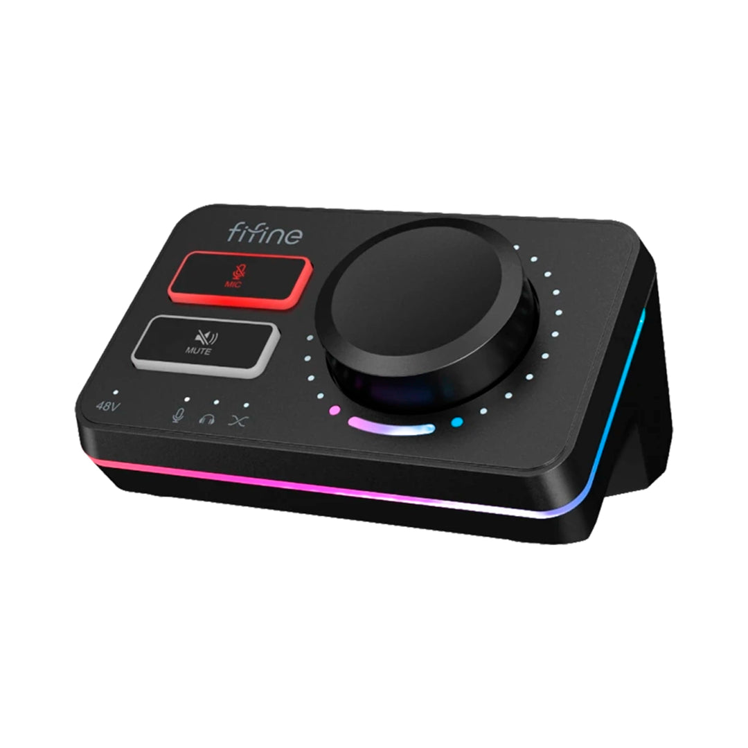 Mezcladora de audio Fifine AmpliGame SC9 con interfaz XLR y luces RGB, vista en color negro