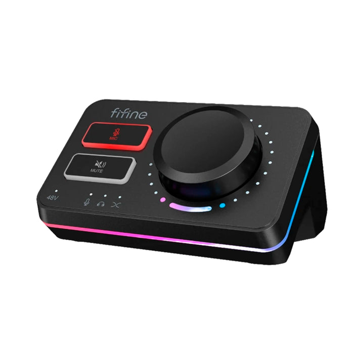 Mezcladora de audio Fifine AmpliGame SC9 con interfaz XLR y luces RGB, vista en color negro