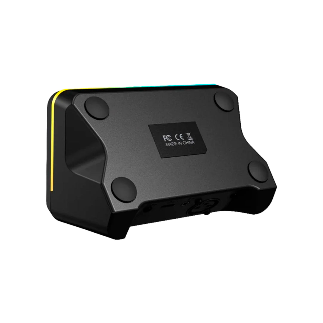 Mezcladora de audio Fifine AmpliGame SC9 negra con interfaz XLR y controles RGB visibles