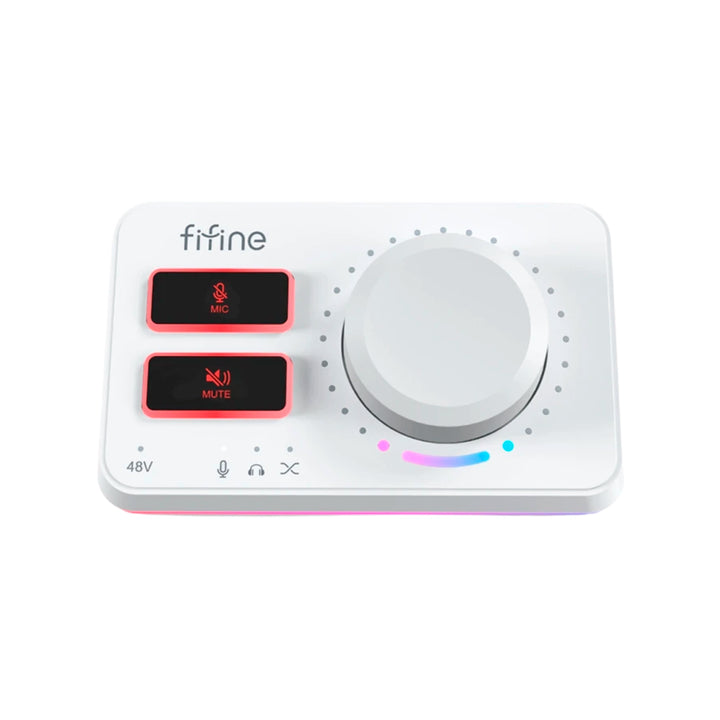 Mezcladora de audio Fifine AmpliGame SC9 con interfaz XLR y luces RGB sobre fondo blanco