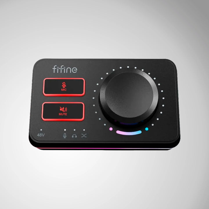 Mezcladora de audio Fifine AmpliGame SC9 con interfaz XLR y luces RGB, diseño negro frontal