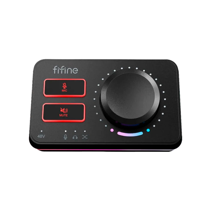 Mezcladora de audio Fifine AmpliGame SC9 con interfaz XLR y detalles RGB, vista frontal negra