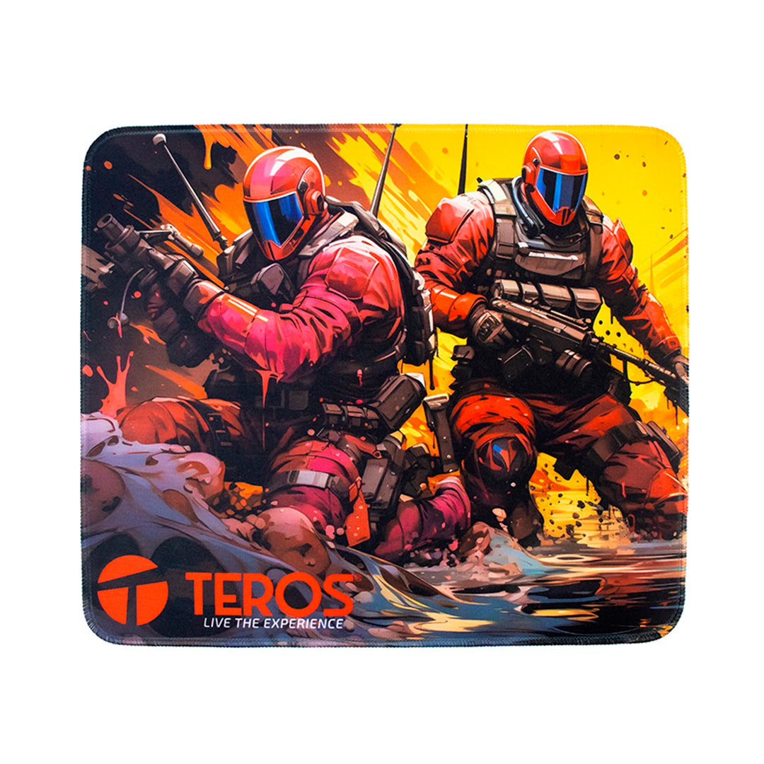 Mousepad gamer TEROS TE-3019S con diseño táctico de shooter y superficie negra texturizada