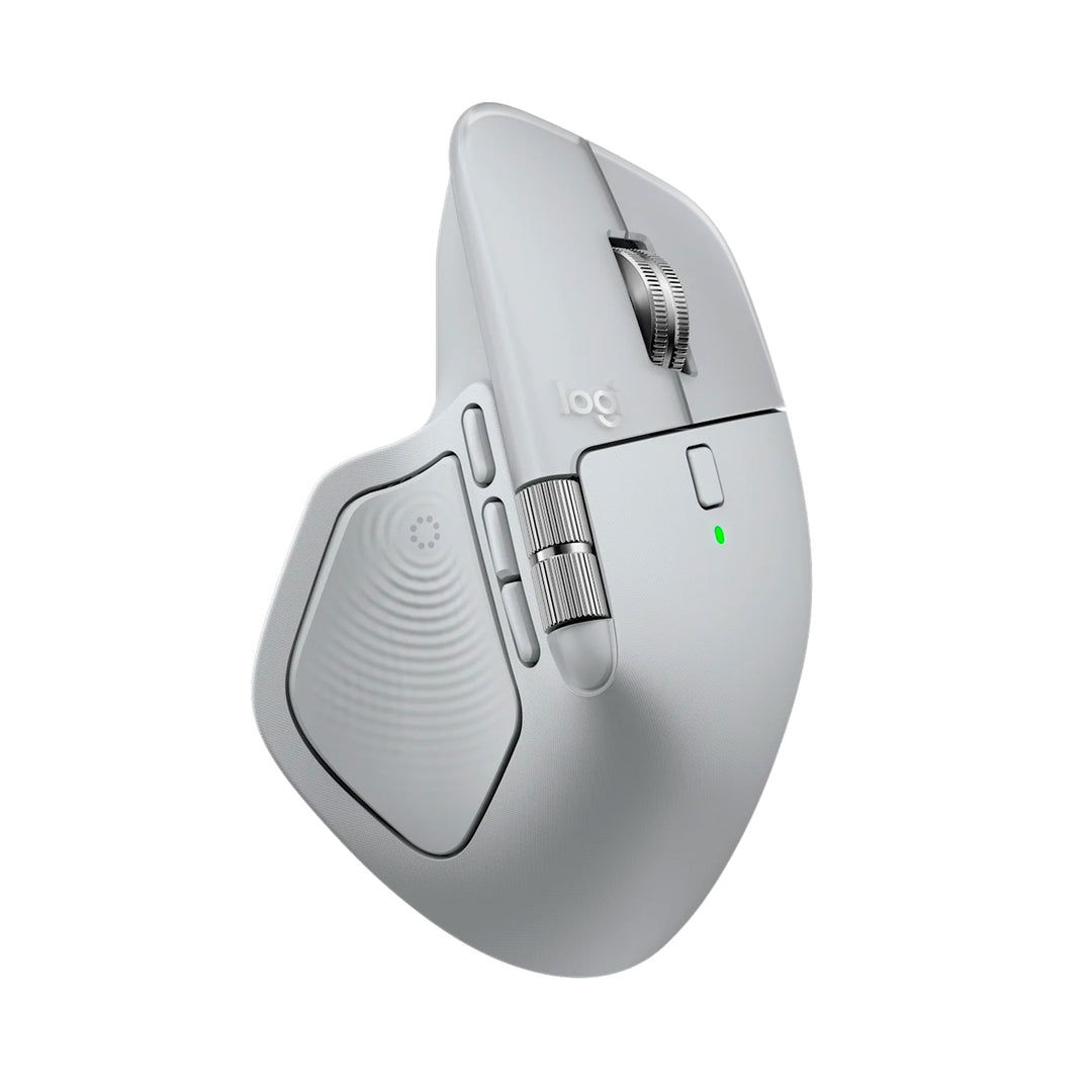 Ratón inalámbrico Logitech MX Master 4 para oficina, en color blanco, con receptor y conectividad Bluetooth.