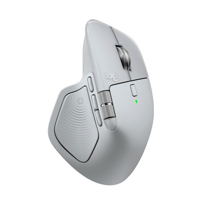 Ratón inalámbrico Logitech MX Master 4 para oficina, en color blanco, con receptor y conectividad Bluetooth.