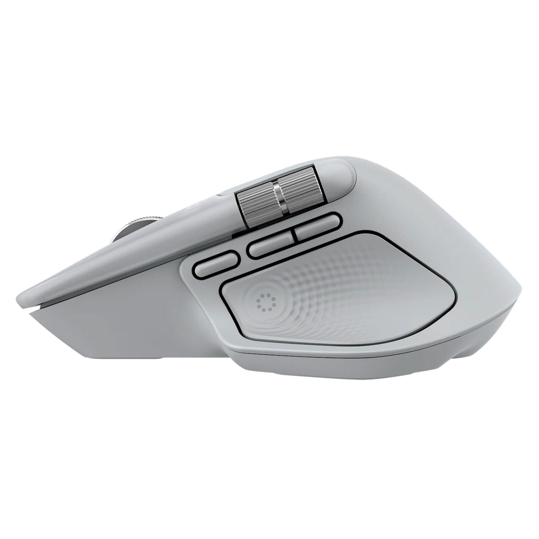 Ratón Logitech MX Master 4 inalámbrico para oficina, en color blanco, con receptor y conexión Bluetooth visible en la imagen.