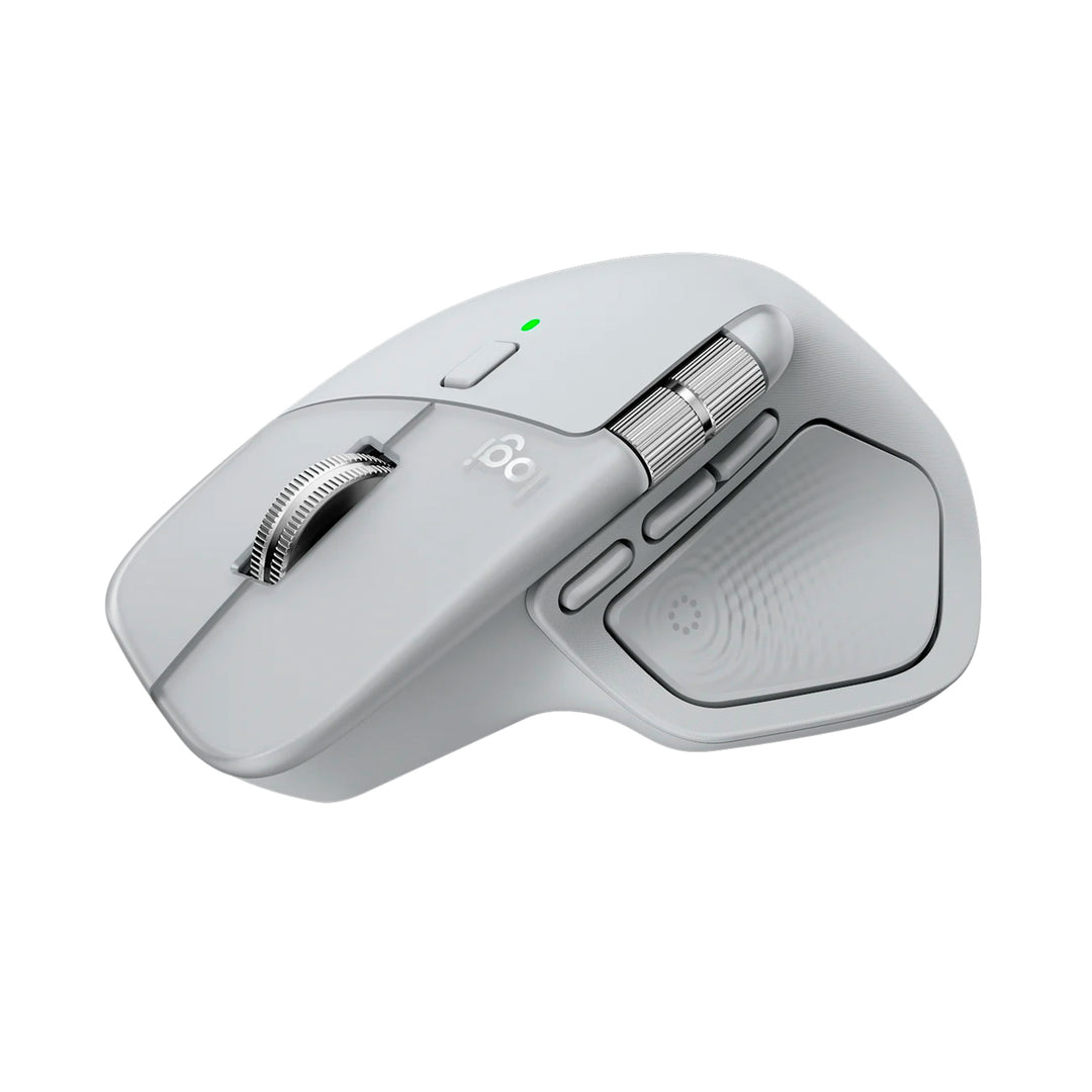 Ratón inalámbrico Logitech MX Master 4 para oficina, en color blanco, con receptor y conexión Bluetooth, visible en la imagen.