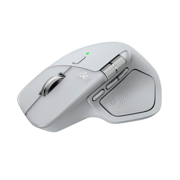 Ratón inalámbrico Logitech MX Master 4 para oficina, en color blanco, con receptor y conexión Bluetooth, visible en la imagen.