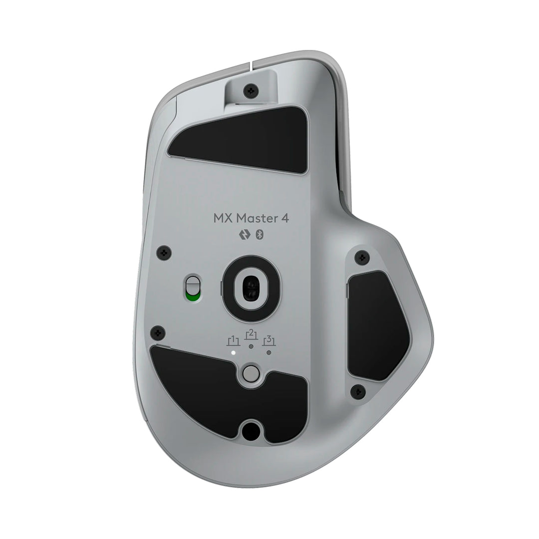 Ratón inalámbrico Logitech MX Master 4 de oficina en color blanco con receptor y conexión Bluetooth visible.
