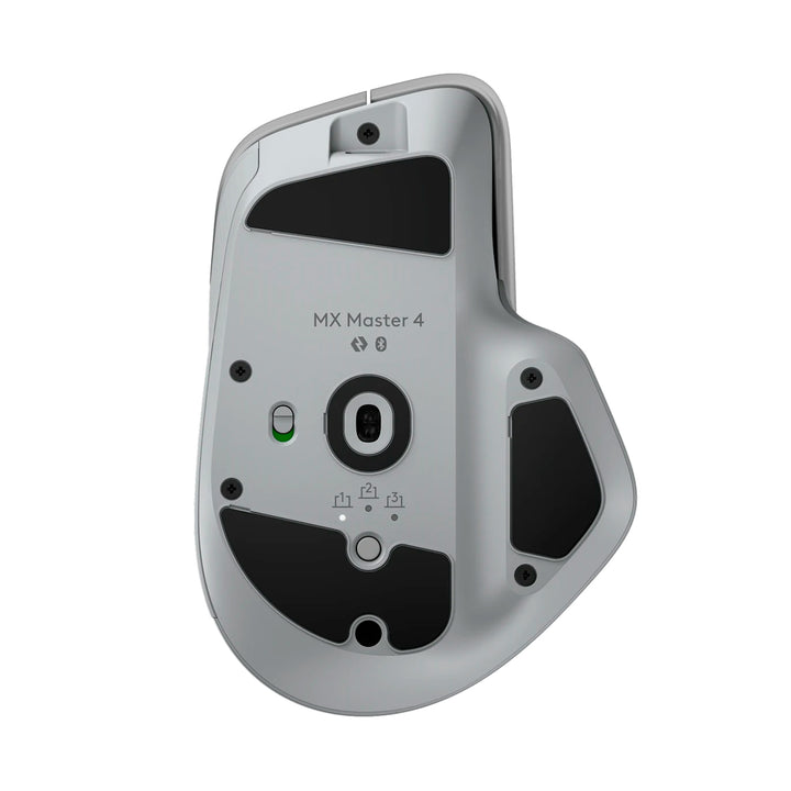 Ratón inalámbrico Logitech MX Master 4 de oficina en color blanco con receptor y conexión Bluetooth visible.