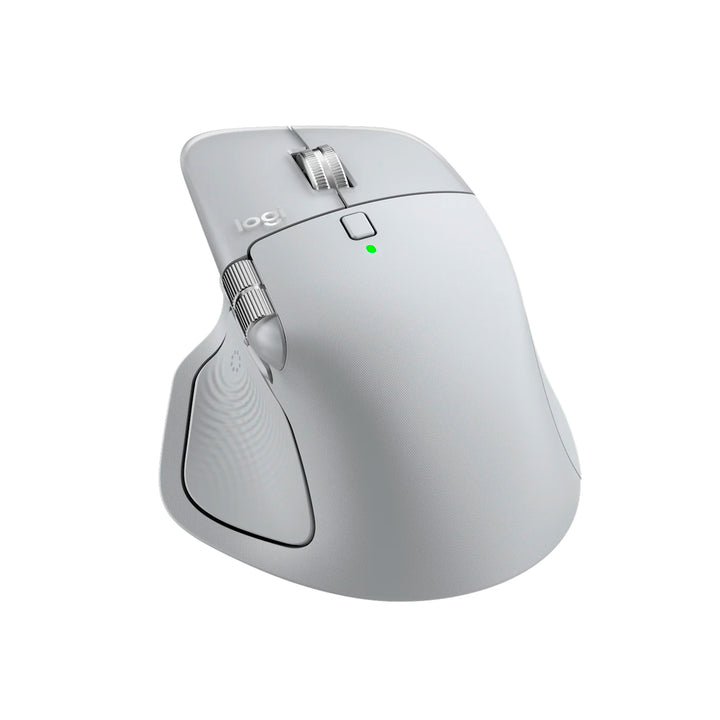 Ratón inalámbrico Logitech MX Master 4 de oficina en color blanco con receptor y conexión Bluetooth visible en la imagen.