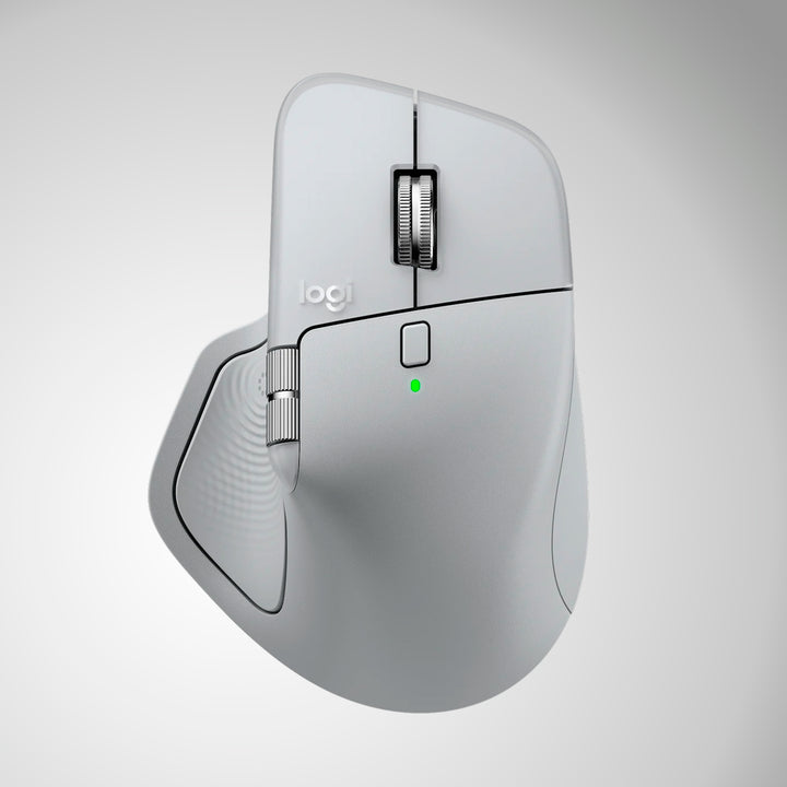 Ratón inalámbrico Logitech MX Master 4 de oficina en color blanco con receptor y conexión Bluetooth, vista frontal.