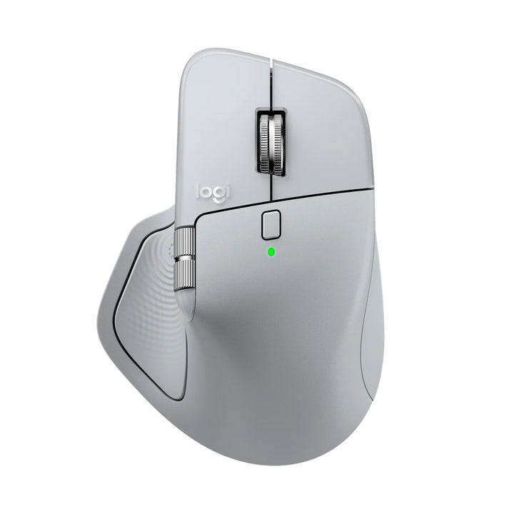 Ratón inalámbrico Logitech MX Master 4 de oficina en color blanco, con receptor y conectividad Bluetooth, vista frontal.