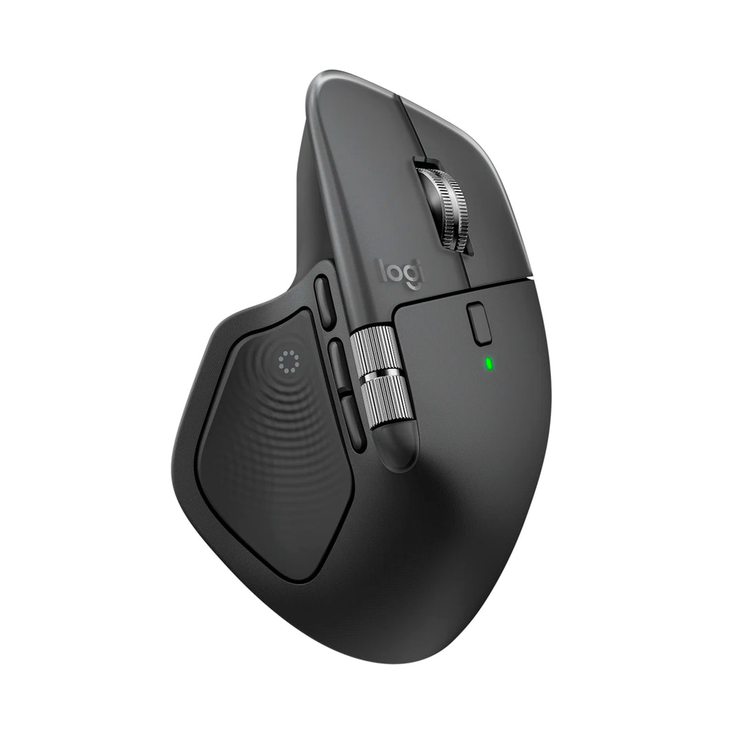 Ratón inalámbrico Logitech MX Master 4 de oficina en color grafito con receptor y conectividad Bluetooth visible en la imagen.