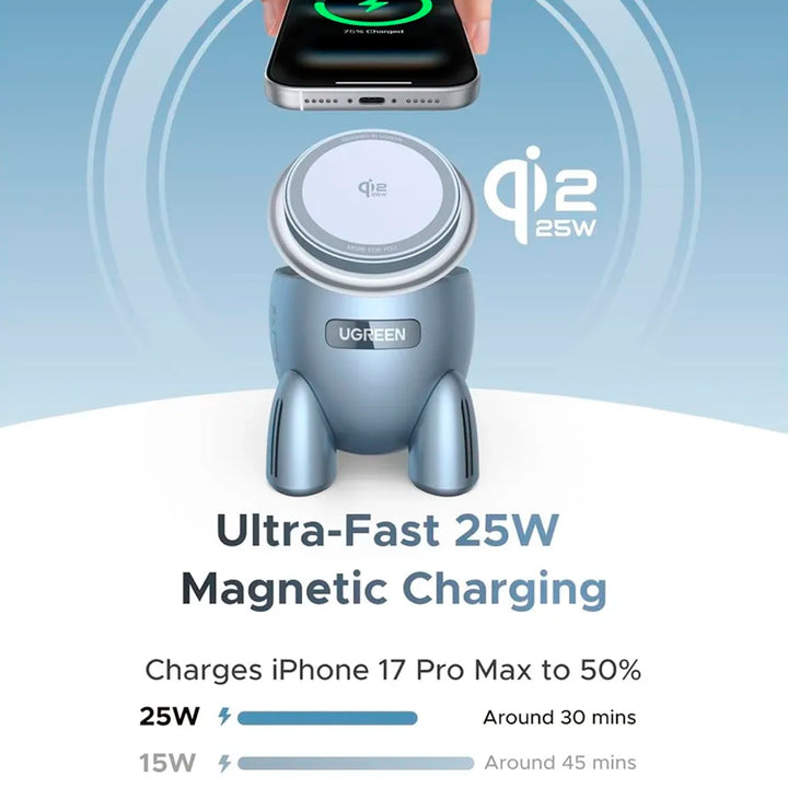 Cargador inalámbrico magnético UGREEN Rocket Shape 2 en 1 MagSafe para smartphones y accesorios, con diseño de nave espacial.