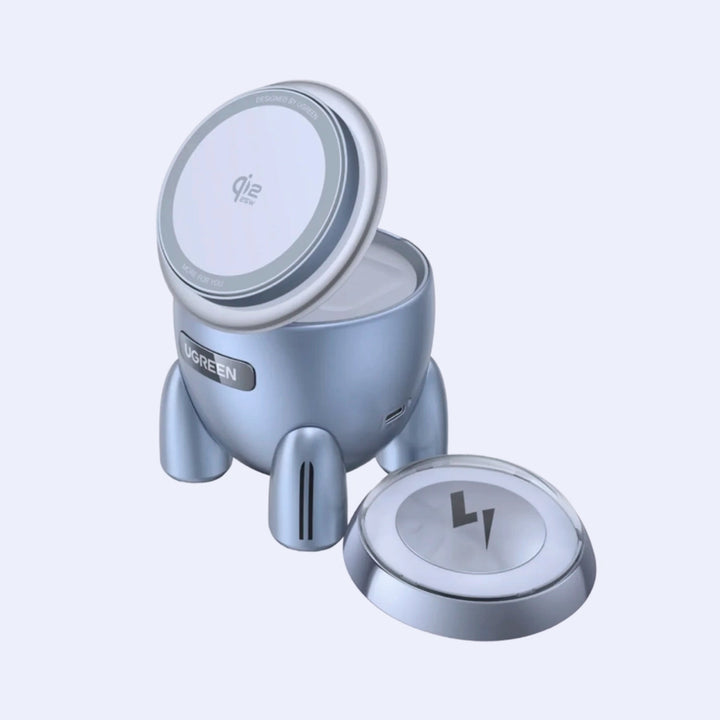 Cargador inalámbrico UGREEN Rocket Shape 2 en 1 MagSafe con diseño magnético y forma de nave para carga rápida de teléfonos y accesorios
