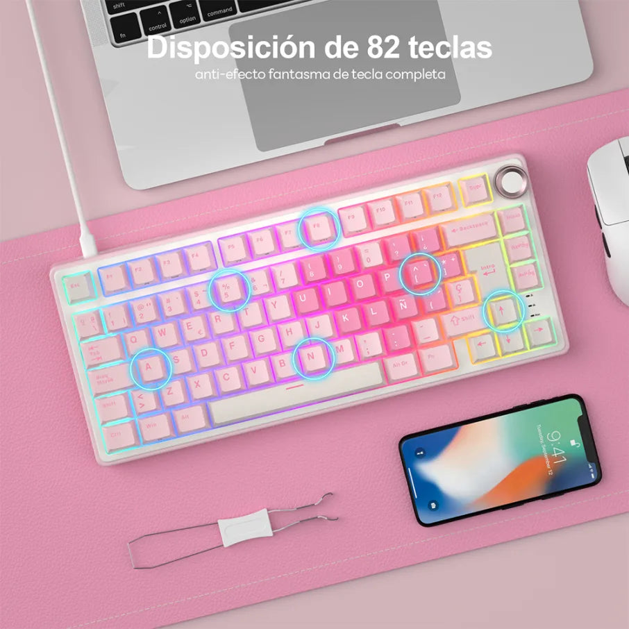 Teclado mecánico gamer Royal Kludge RK R75, cableado, Creamy switch, Pink Melody - Achorao