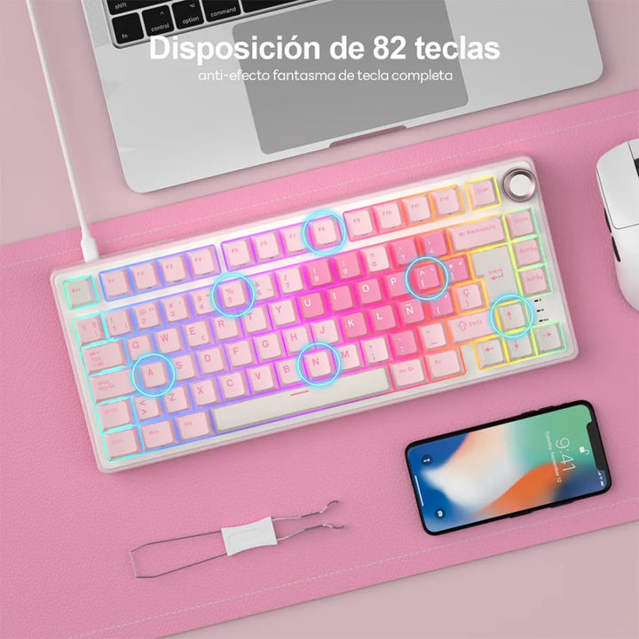 Teclado mecánico gamer Royal Kludge RK R75, cableado, Creamy switch, Pink Melody - Achorao