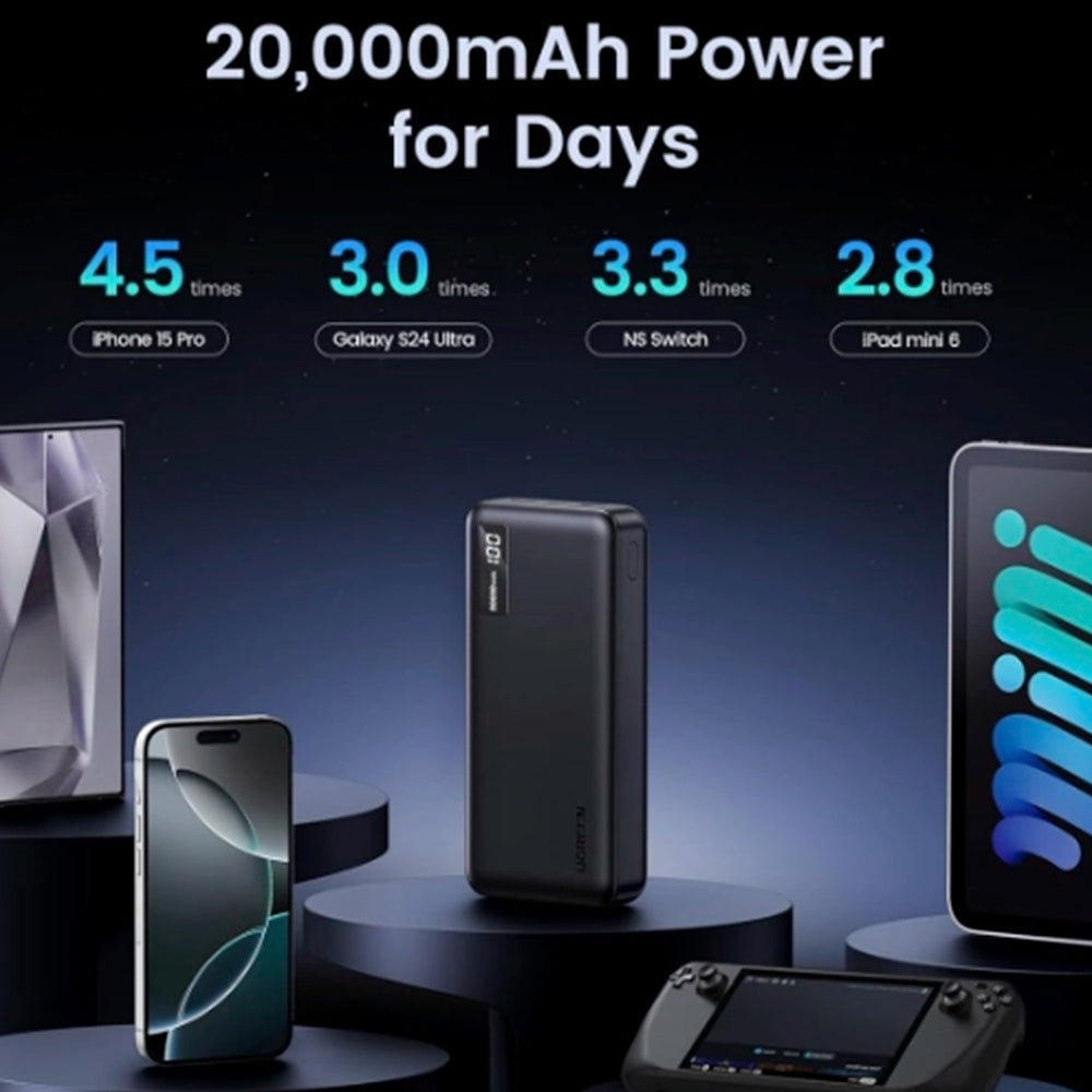 Power bank UGREEN PB312 20000 mAh, 20 W, carga rápida bidireccional Grafito - Achorao