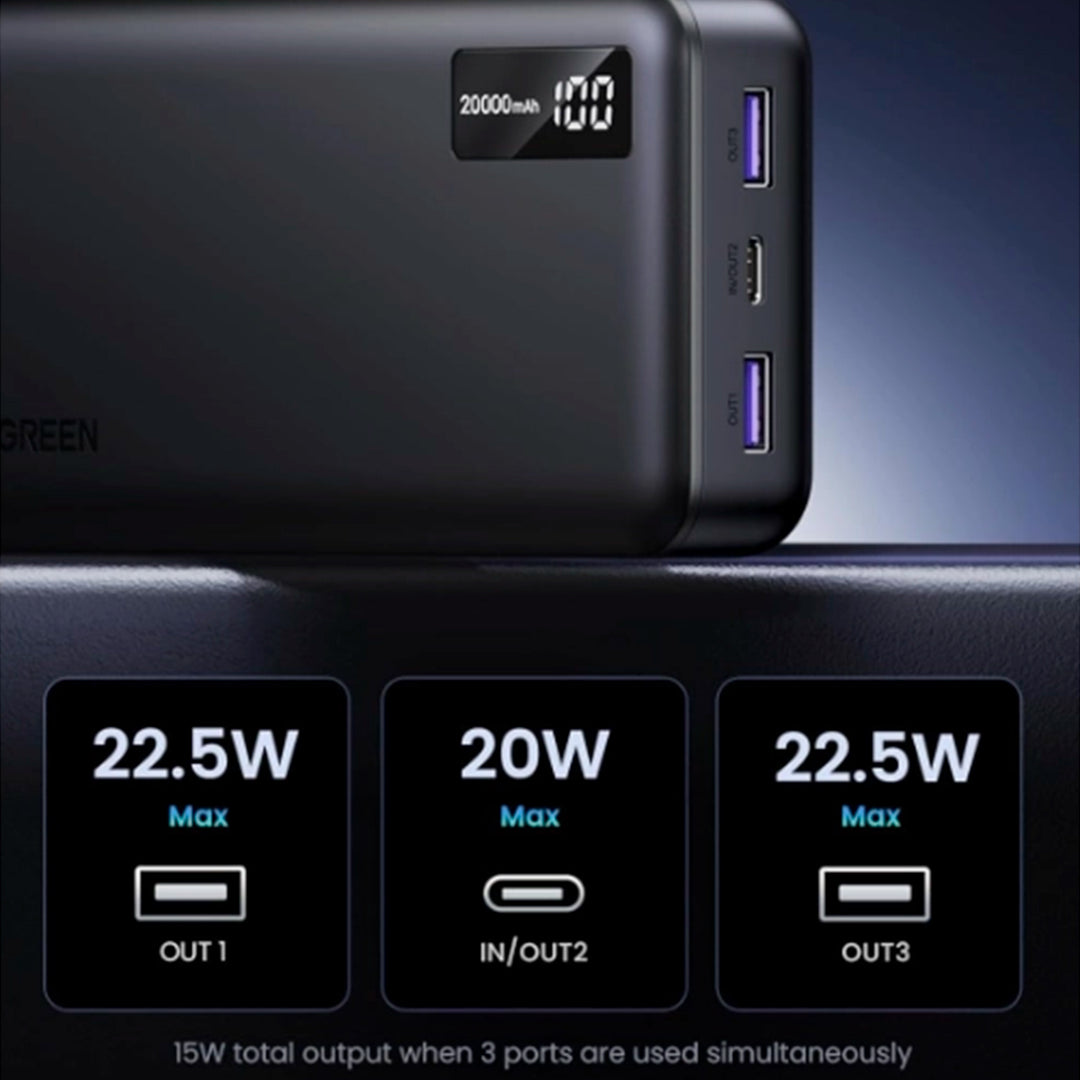 Power bank UGREEN PB312 20000 mAh, 20 W, carga rápida bidireccional Grafito - Achorao
