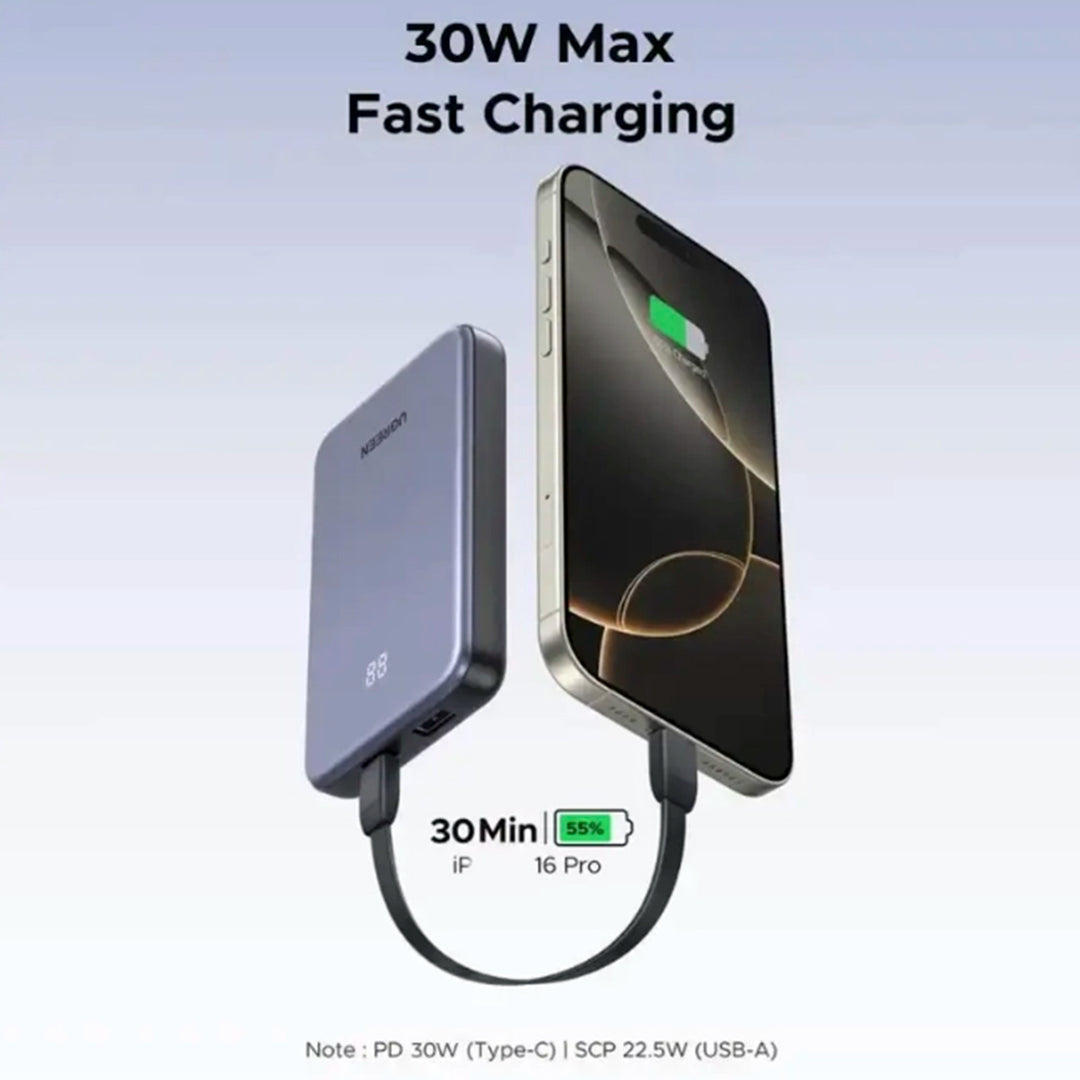 PowerBank Ugreen 30W, 20000 mAh, PB528 con cable integrado